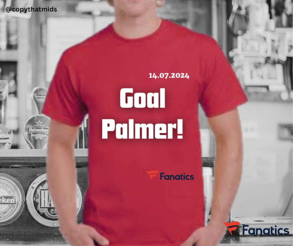 Man wearing red T-shirt with the caption: Goal Palmer! and Fanatics logo on bottom right