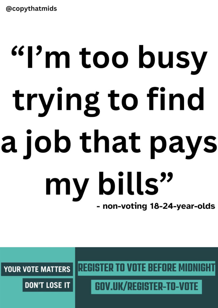 OMB prize brief winner register to vote 2. Caption: "I'm too busy trying to find a job that pays my bills" - non-voting 18-24-year-olds, Register to vote slogan: Your vote matters, don't lose it, and website address