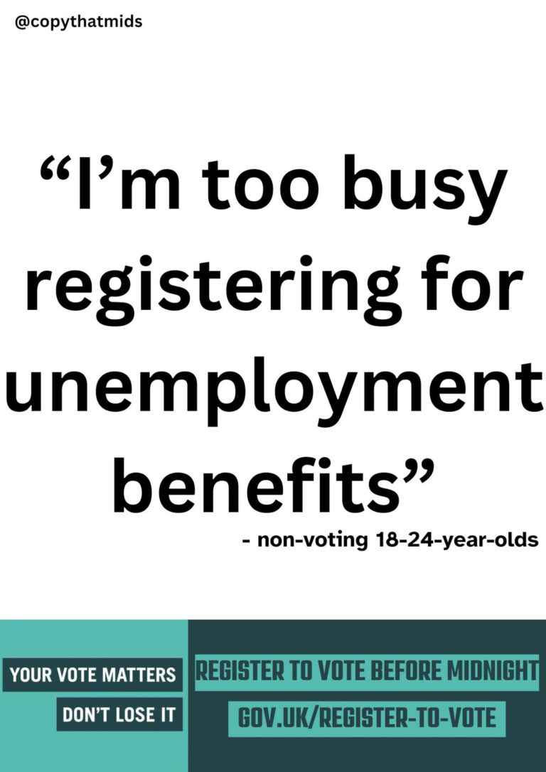 OMB prize brief winner register to vote. Caption: "I'm too busy registering for unemployment benefits" - non-voting 18-24-year-olds, Register to vote slogan: Your vote matters, don't lose it, and website address
