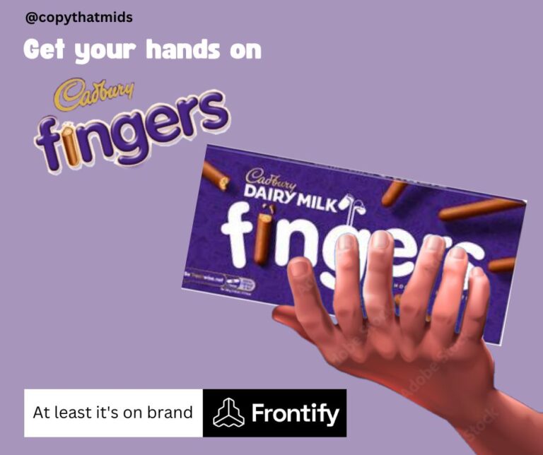 An AI generated image of a hand with 7 fingers holding a box of Dairy Milk fingers biscuits with the text: Get your hands on Cadbury's Fingers. The Frontify logo is at the bottom.