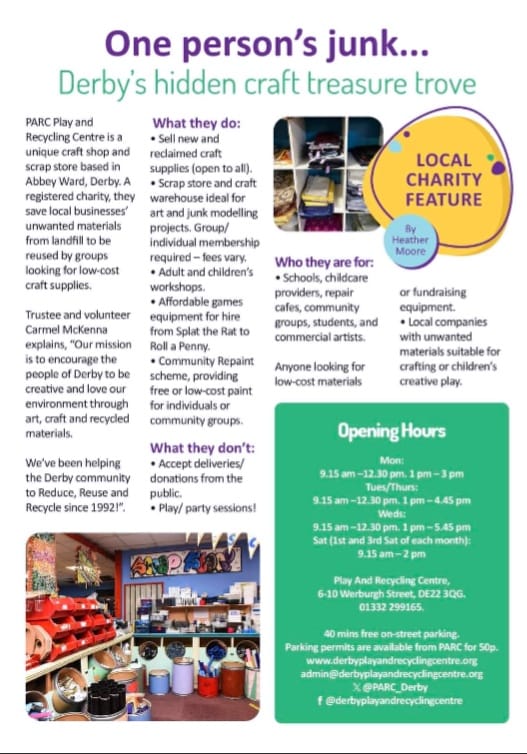Local charity feature about Derby Play And Recycling Centre with images of the scrap store and fabric bin.
