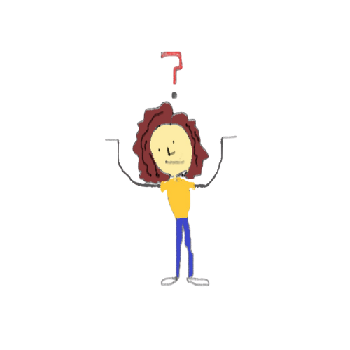 Cartoon of a person with wavy brown hair, holding hands up in the air with a red question mark above their head. Wearing a yellow T-shirt, blue trousers and white shoes