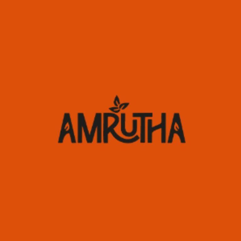 Amrutha logo in black on a burnt orange background
